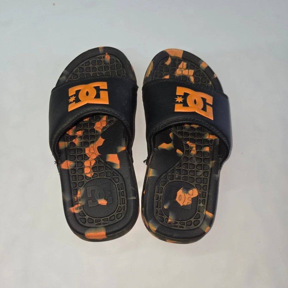 DC Shoes Bolsa Slide Sandals Kids 1.5 Black Orange Camo Logo Athletic Slip On